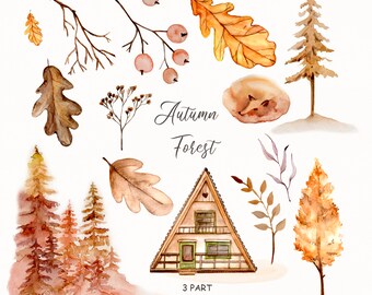 Autumn forest clipart, Autumn Celebration, Watercolor Autumn Elements Clipart