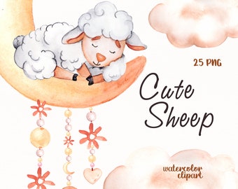 Watercolor Sheep Clipart, Baby Sheep Clipart, Cute sleeping lamb
