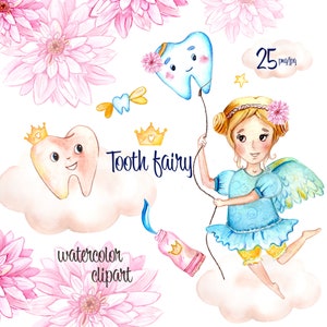 Aquarelle Tooth Fairy Clipart. L’heure du coucher des enfants. Clipart de pépinière d’aquarelle. Ensemble de soins dentaires. Dent de bébé.