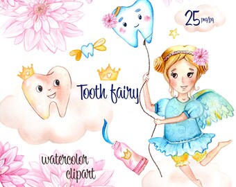 Watercolor Tooth Fairy Clipart. Kid's Bed Time. Watercolor nursery clipart. Dental Care set. Baby tooth.