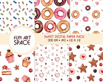 Bakery Digital Paper Pack, Watercolor Desserts, Seamless Patterns ...
