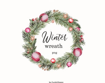 Watercolor Christmas wreath in png format. Winter decoration wreath for postcards, christmas cards.