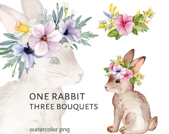 Spring Bunny clipart. Watercolor rabbit and floral wreath, Easter clipart