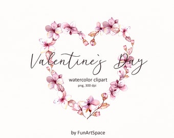 Valentines day watercolor clipart,  Floral pink heart png