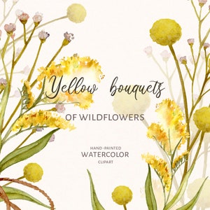 Buquês de flores silvestres em aquarela. Clipart amarelo floral. Composições elegantes de casamento. Clipart de flores silvestres PNG. Conjunto de flores do prado.