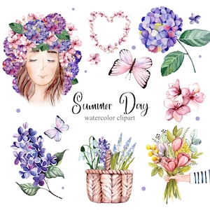 Aquarell Sommer Clipart. Lila Blumen Clipart. Lila und Hortensie PNG.