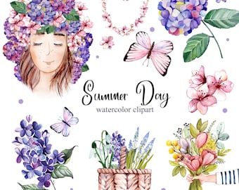 Watercolor summer clipart. Purple flowers clipart. Lilac and Hydrangea PNG.