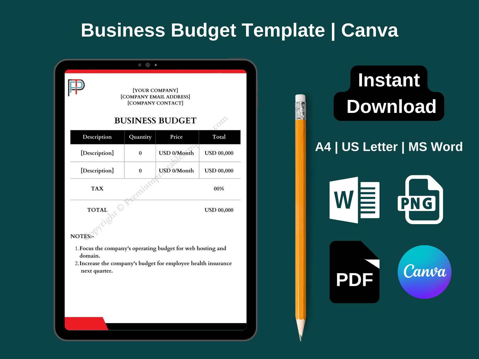 Printable Business Budget Template in PDF and Wordcanva - Etsy