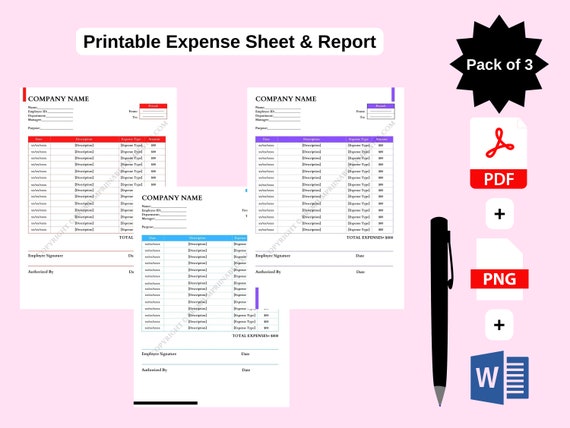 Printable Expense Sheet &amp; Report in PDF and Word pack of 3 - Etsy