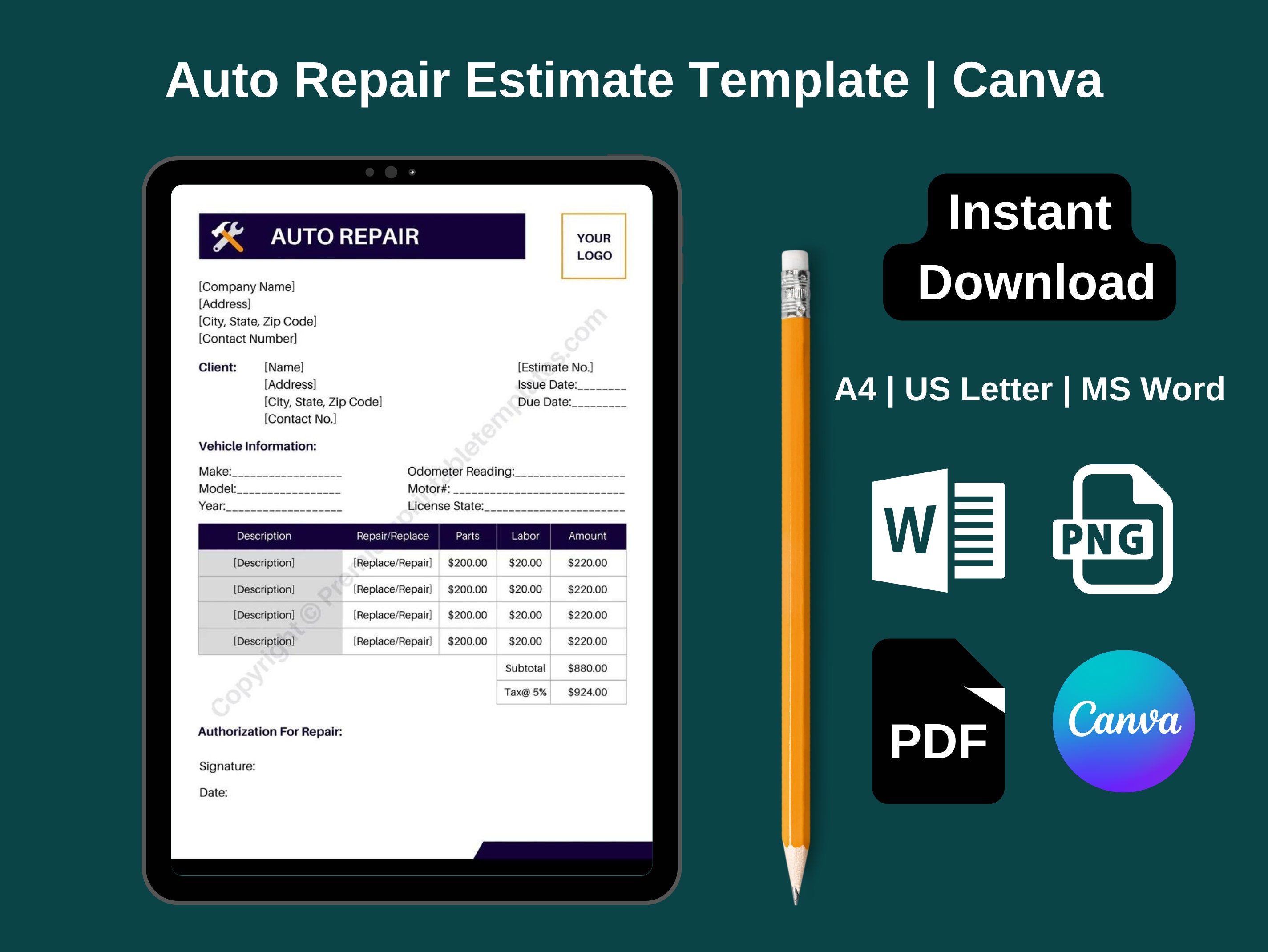 Printable Auto Repair Estimate Template in PDF and Wordcanva Etsy Printable Auto Repair Estimate Template in PDF and Wordcanva Etsy