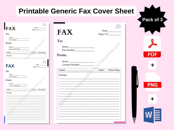 printable generic fax cover sheet in pdf and word pack of 3 etsy