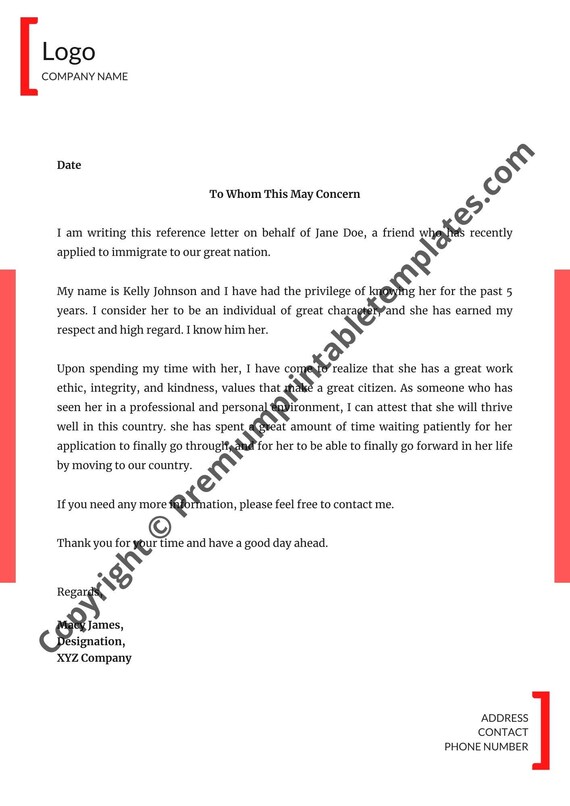 Sample Character Reference Letter Editable Canva Template Etsy