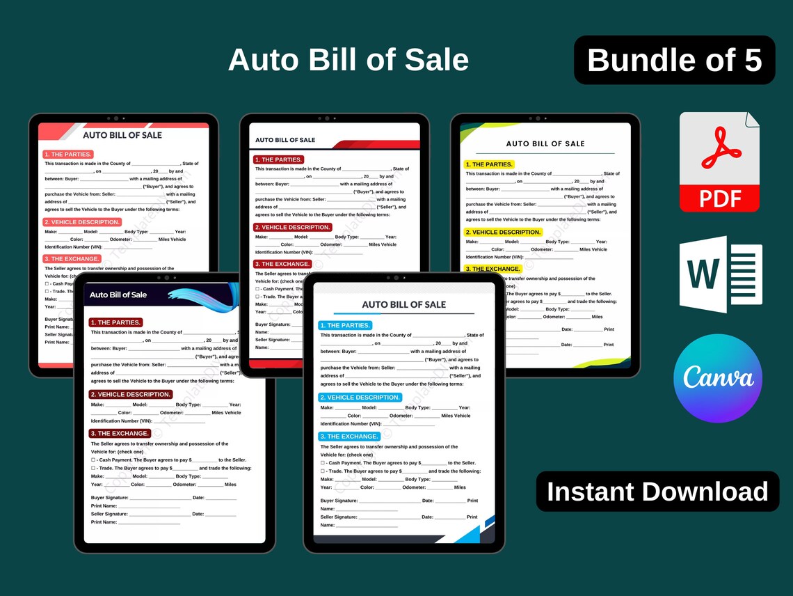 Auto Bill of Sale Form Template Blank Printable in PDF & Word - Etsy