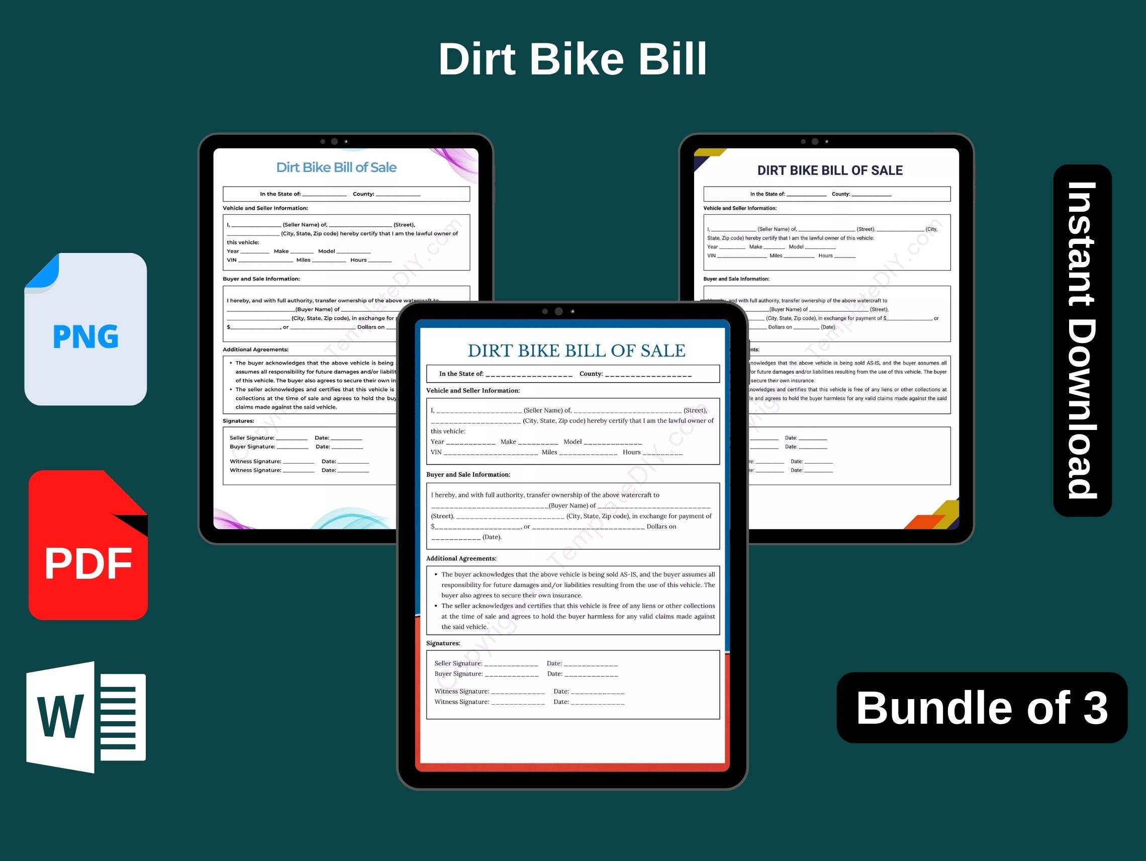 Dirt Bike Bill of Sale Blank Printable Form Template in PDF & Etsy