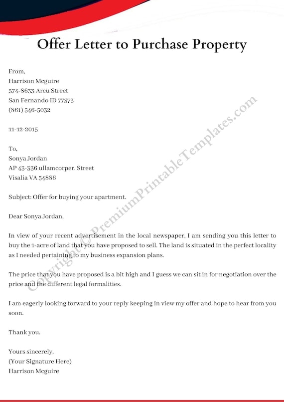 Printable Sample Offer Letter to Purchase Property in PDF and | Etsy