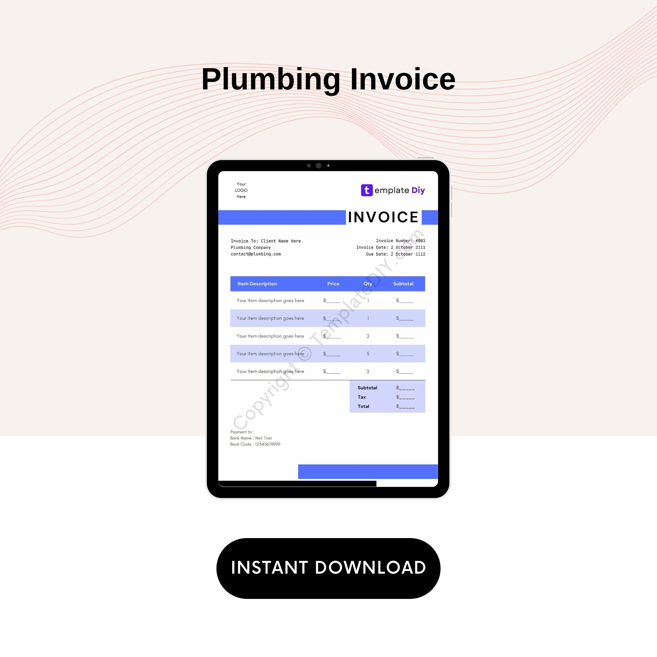 Plumbing Invoice Template Blank Printable in PDF Excel Word Etsy Plumbing Invoice Template Blank Printable in PDF Excel Word Etsy
