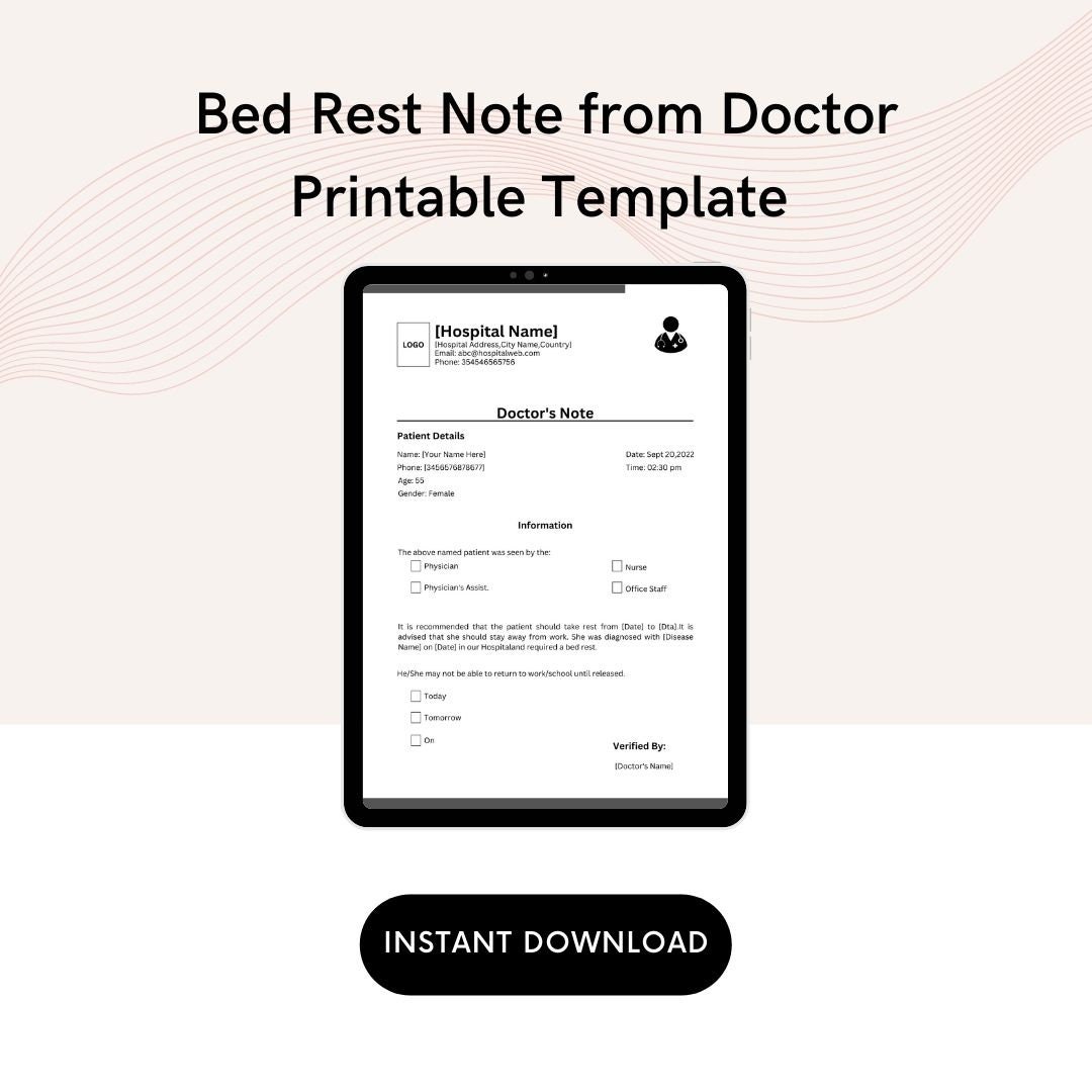 Bed Rest Note From Doctor Printable Template in Pdf & Word Etsy