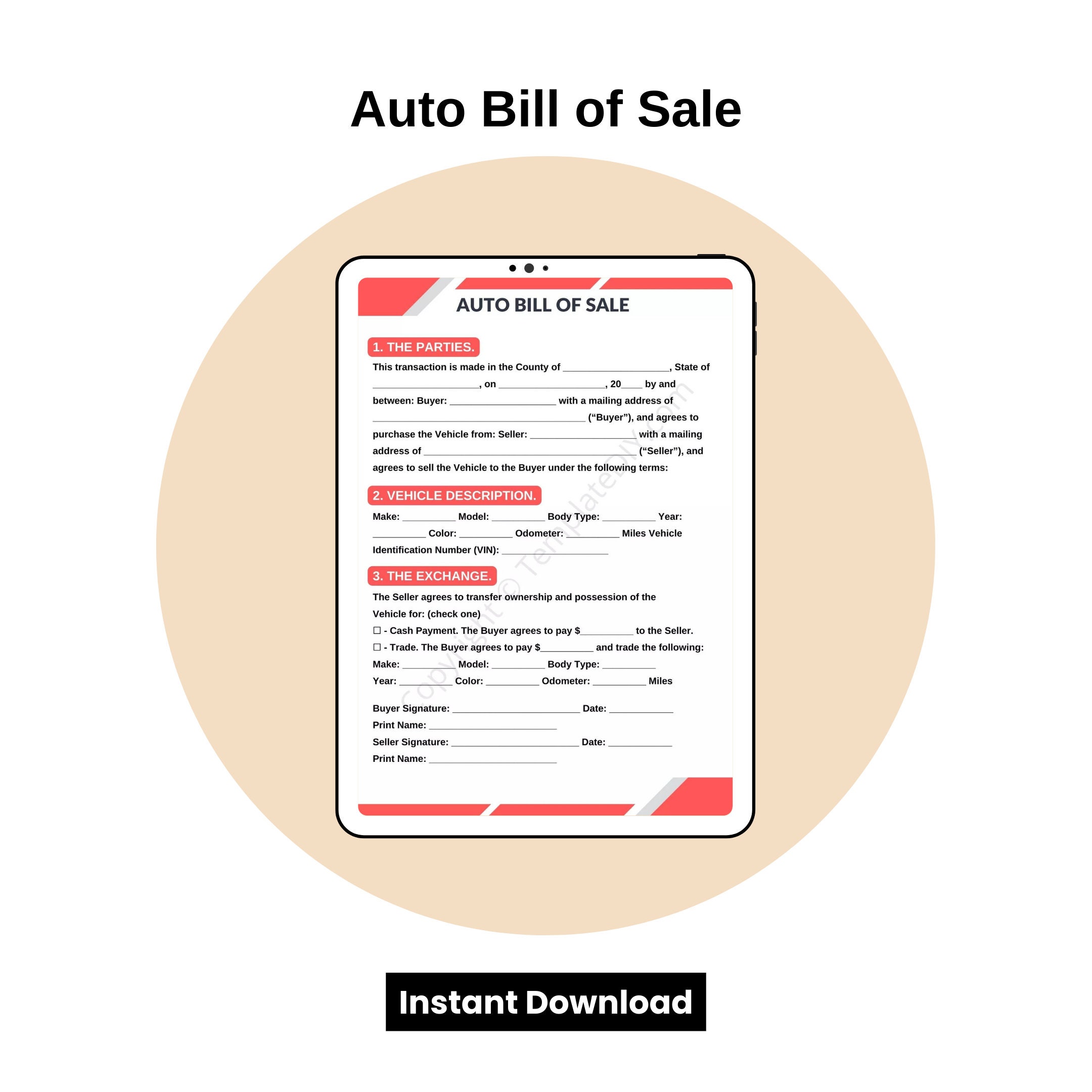 Auto Bill of Sale Form Template Blank Printable in PDF & Word - Etsy