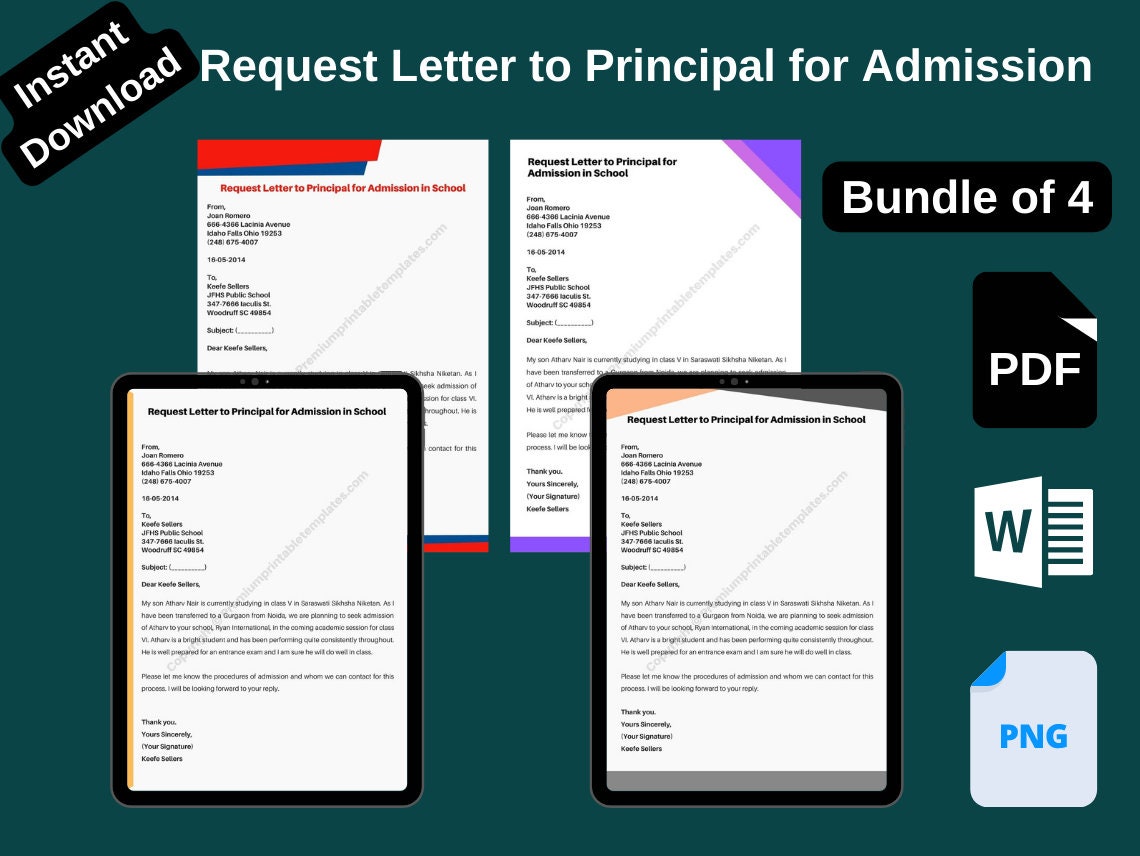 Request Letter to Principal for Admission pack of 4 Etsy