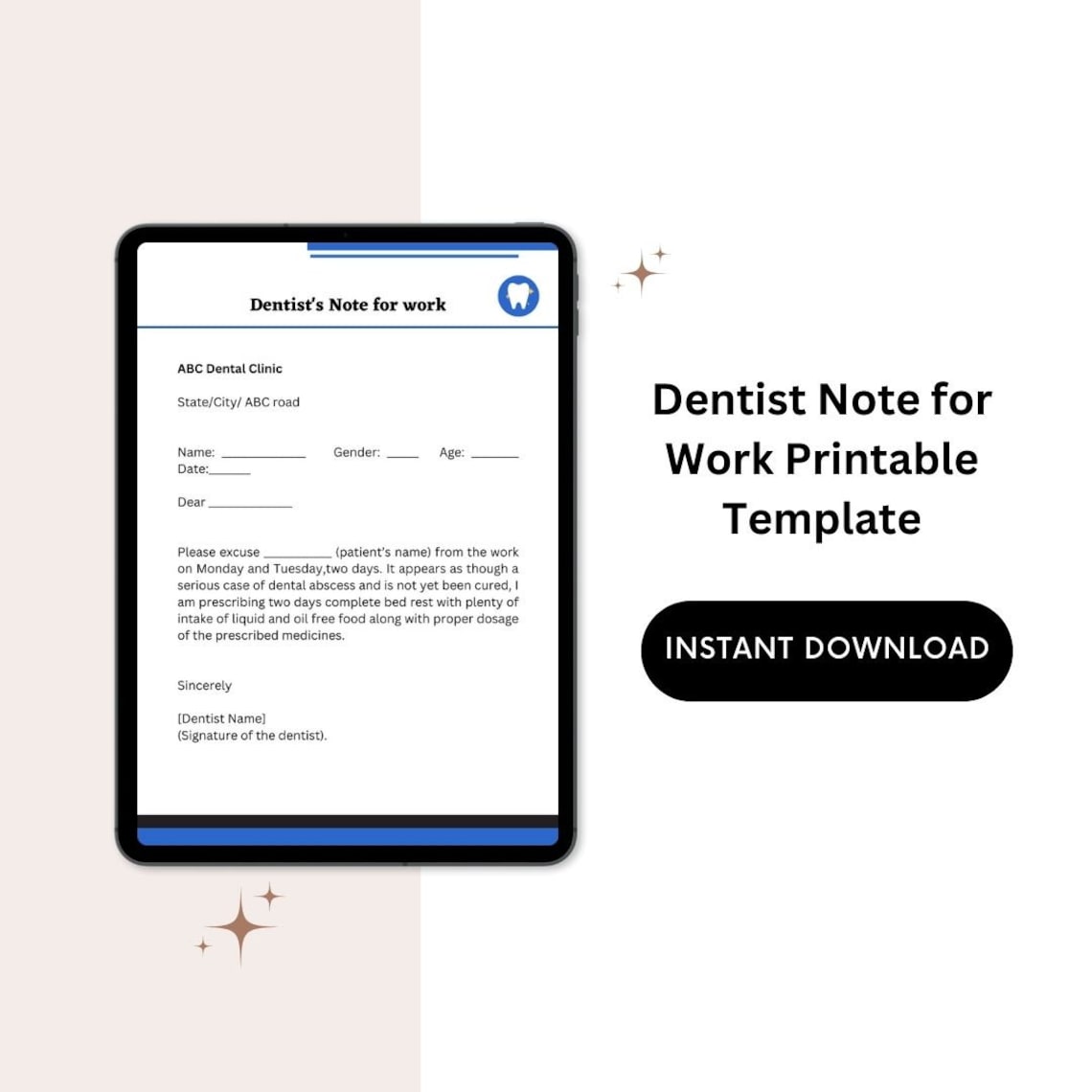 Dentist Note for Work Printable Template in Pdf & Word Etsy Dentist Note for Work Printable Template in Pdf & Word Etsy