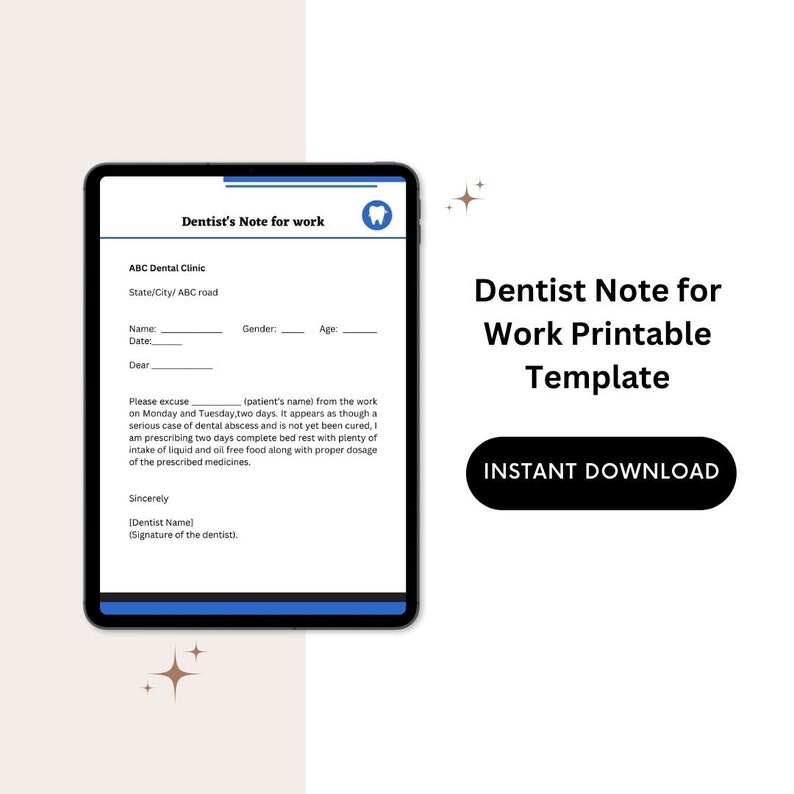 Dentist Note for Work Printable Template in Pdf & Word Etsy Dentist Note for Work Printable Template in Pdf & Word Etsy