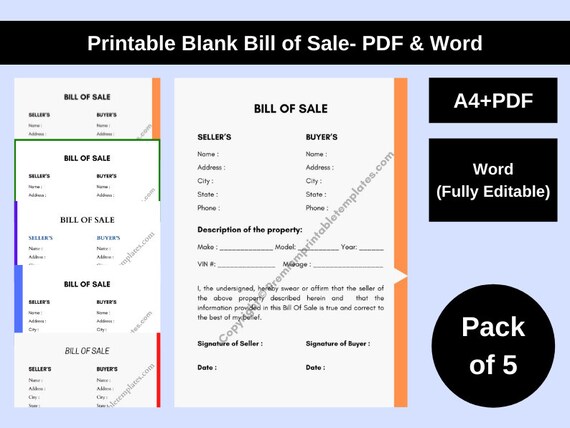 Printable Blank Bill of Sale PDF &amp; Word Pack of 5 | Etsy
