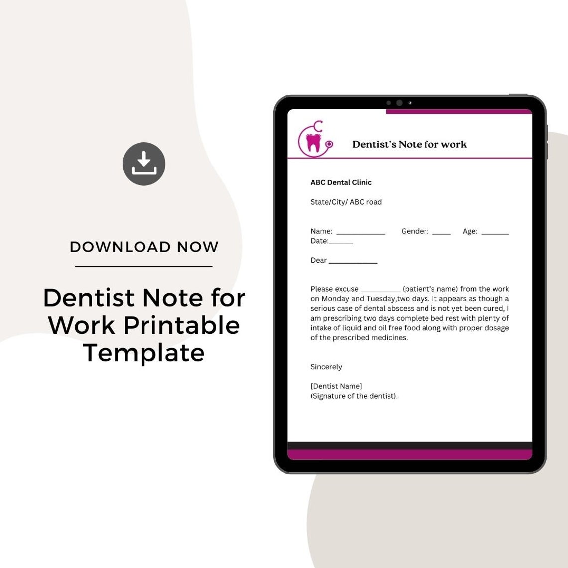 Dentist Note for Work Printable Template in Pdf & Word Etsy Dentist Note for Work Printable Template in Pdf & Word Etsy