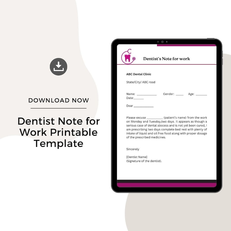 Dentist Note for Work Printable Template in Pdf & Word Etsy Dentist Note for Work Printable Template in Pdf & Word Etsy
