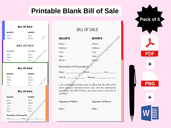 Printable Blank Bill of Sale PDF &amp; Word Pack of 5 - Etsy
