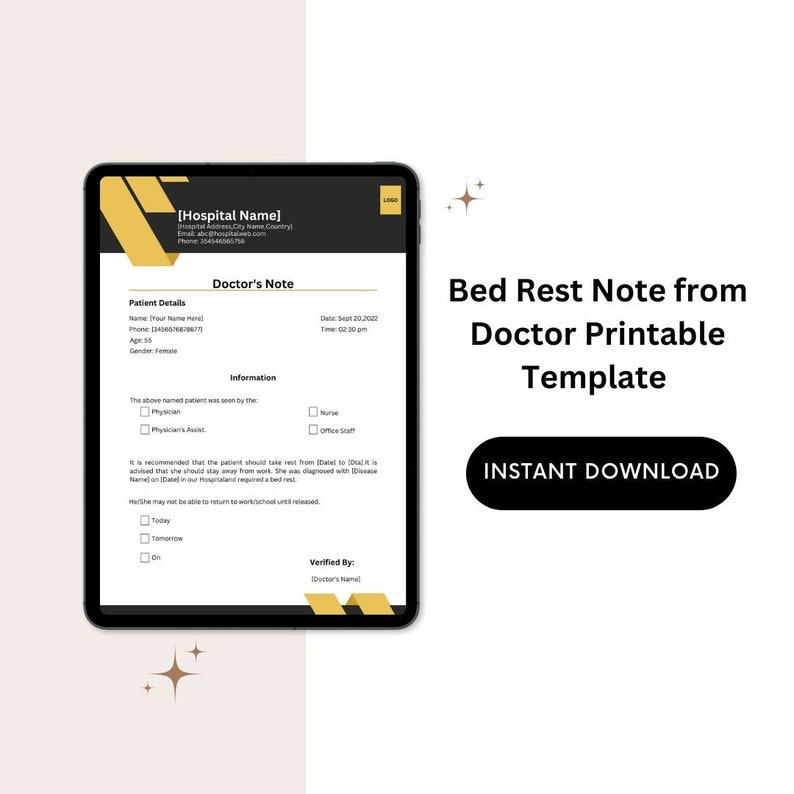 Bed Rest Note From Doctor Printable Template in Pdf & Word Etsy