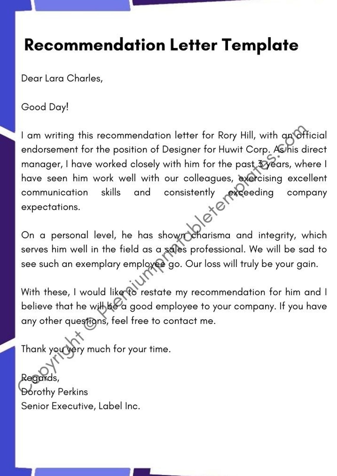 Sample Recommendation Letter Template-PDF Word Pack of 5 | Etsy