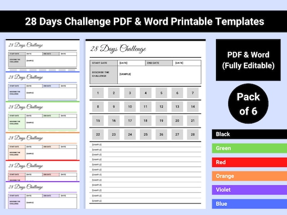 28 Day Challenge Template Printable in PDF &amp; Word Pack of 6 | Etsy