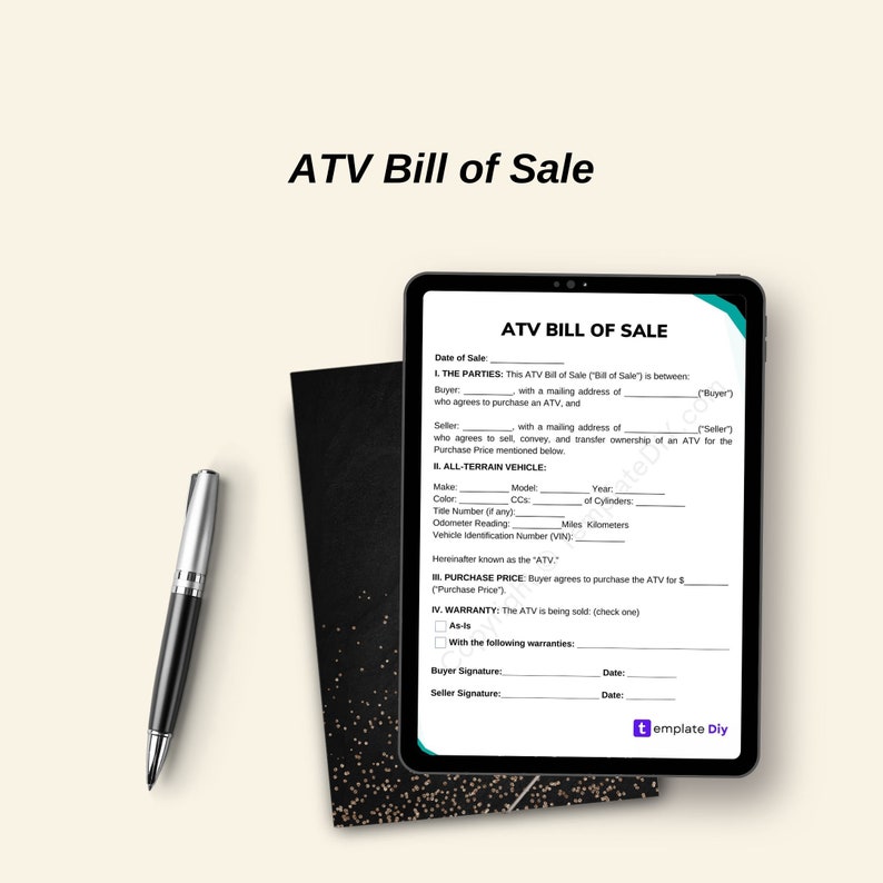 ATV Bill of Sale Blank Printable Form Template in PDF & Word Etsy