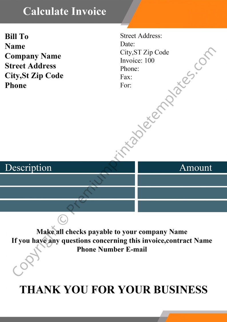 Printable Calculate Invoice pack of 5 - Etsy