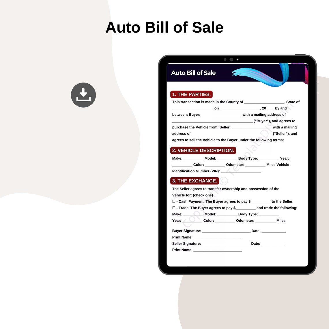 Auto Bill of Sale Form Template Blank Printable in PDF & Word - Etsy