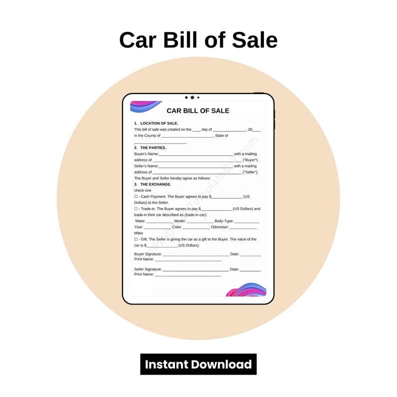 Car Bill of Sale Blank Printable Form Template in PDF Word Etsy Car Bill of Sale Blank Printable Form Template in PDF Word Etsy