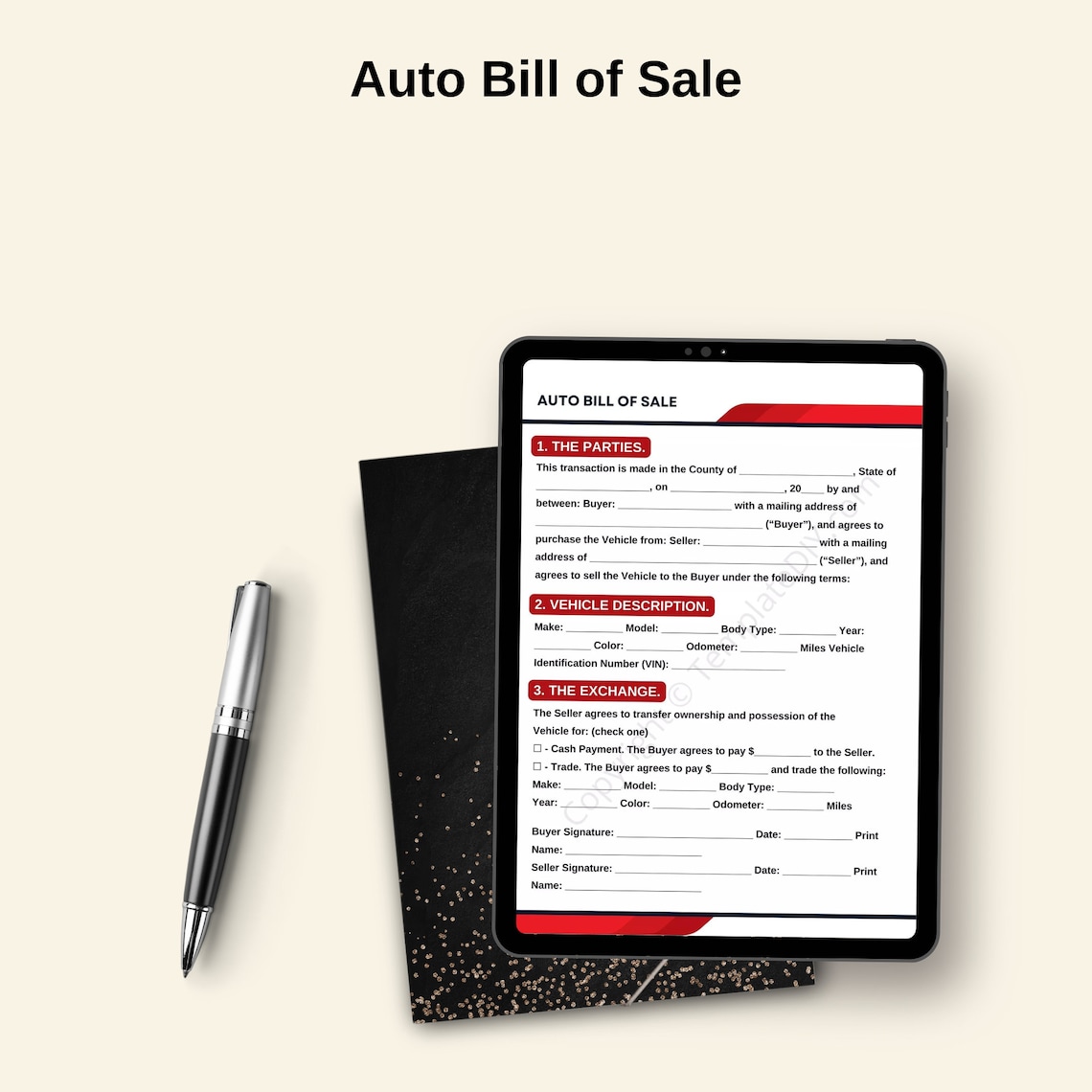 Auto Bill of Sale Form Template Blank Printable in PDF & Word - Etsy