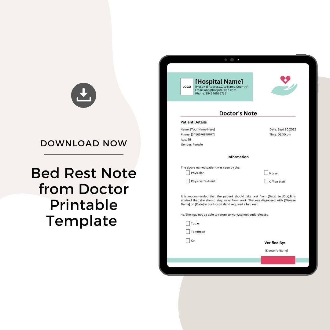 Bed Rest Note From Doctor Printable Template in Pdf & Word Etsy