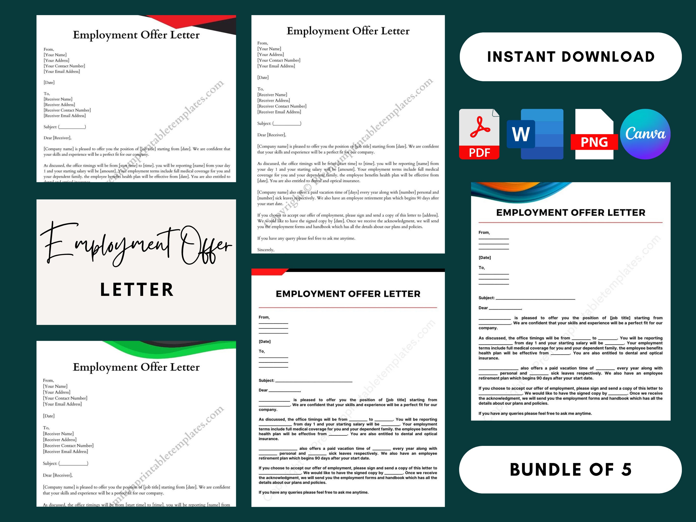 Lettera di offerta di lavoro Pacchetto di 5 / Modello Canva ...