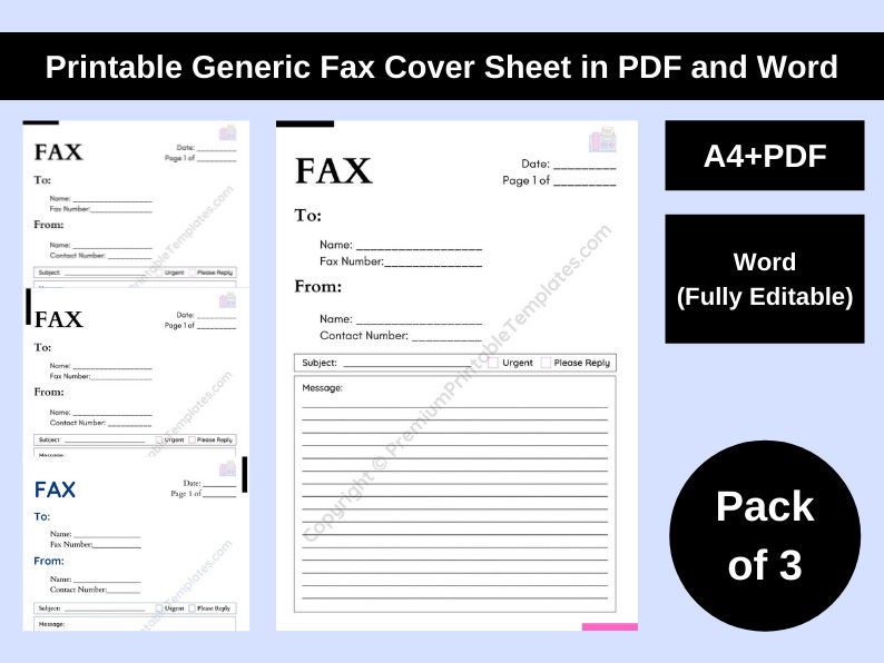 printable generic fax cover sheet in pdf and word pack of 3 etsy