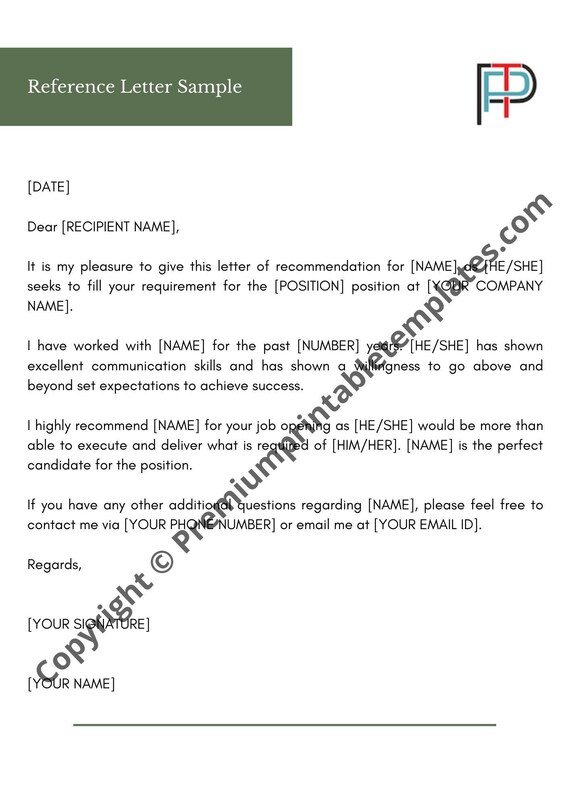 Reference Letter Sample Editable Pdf Etsy Canada