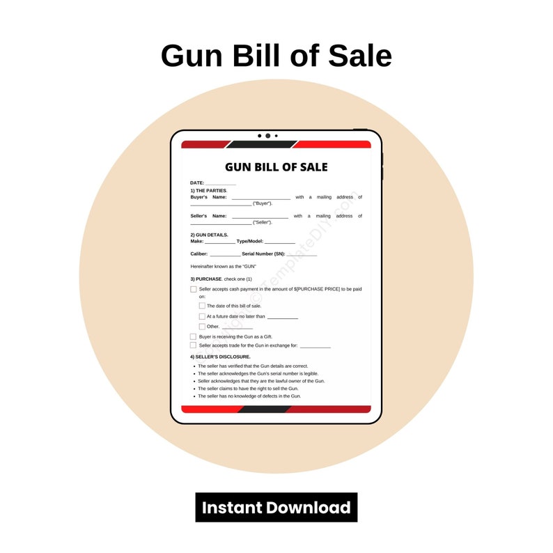 Gun Bill of Sale Blank Printable Form Template in PDF & Word Etsy