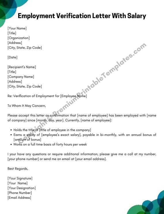 employment verification letter with salary pack of 5 etsy
