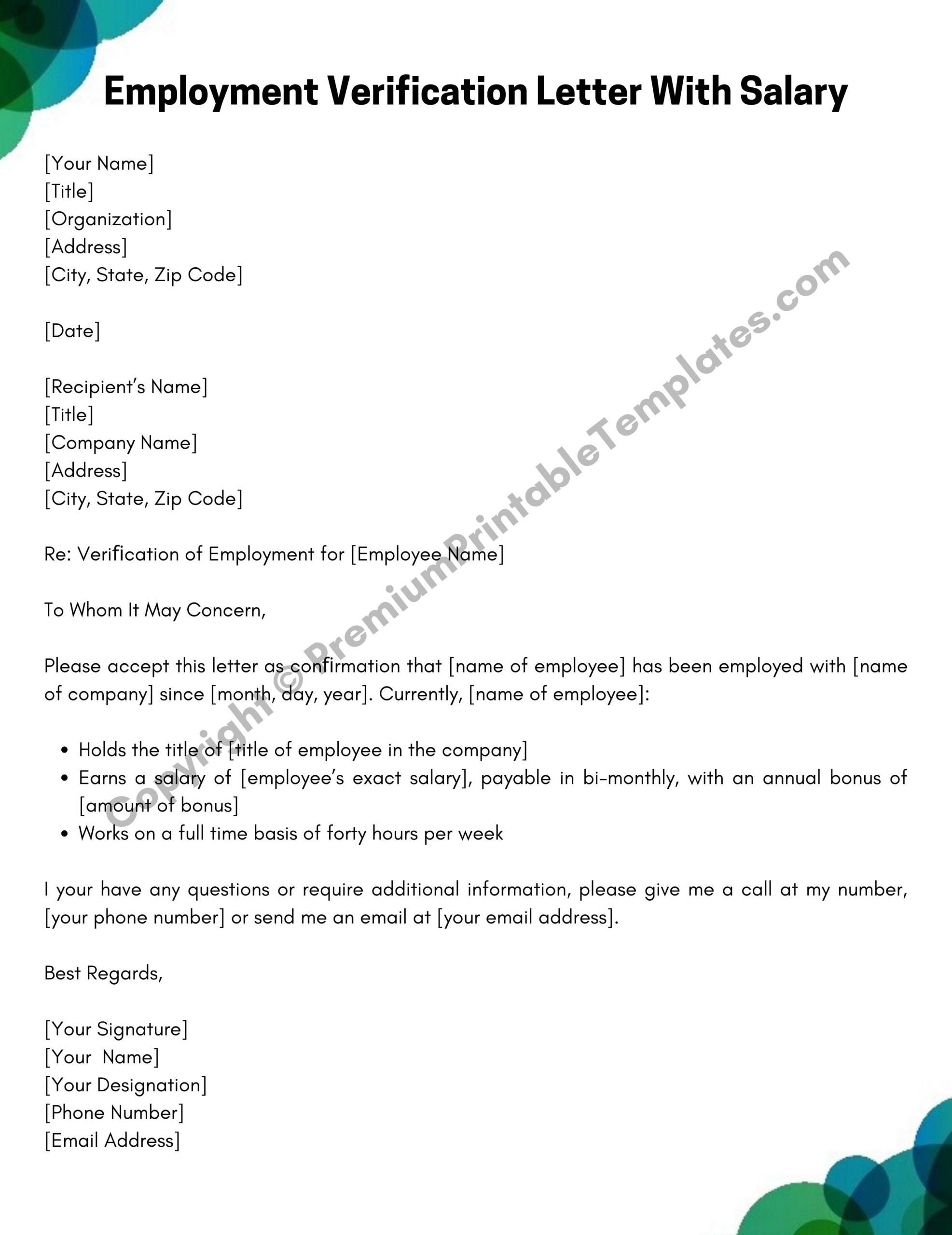 employment verification letter with salary pack of 5 etsy