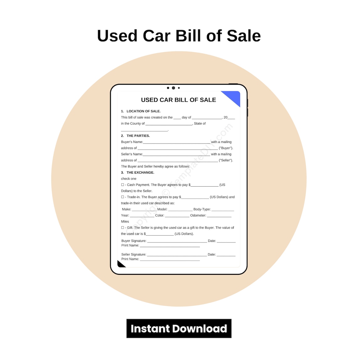 Used Car Bill of Sale Blank Printable Form Template in PDF Etsy