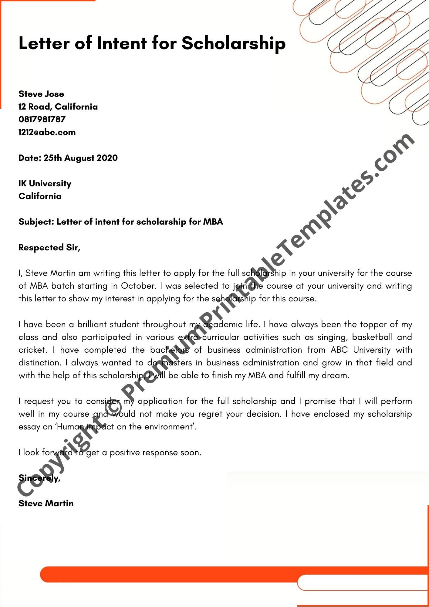 application letter of intent sample for school