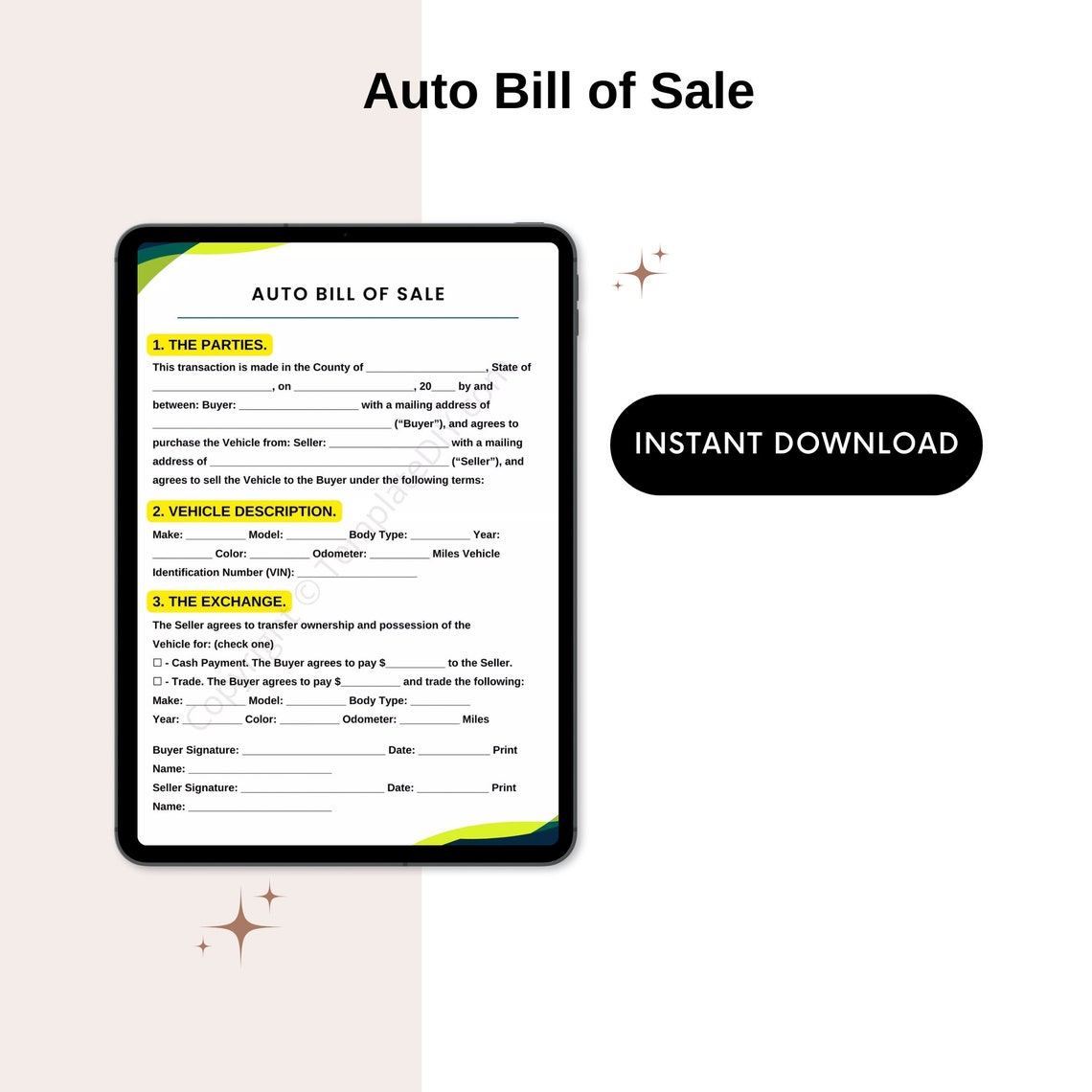 Auto Bill of Sale Form Template Blank Printable in PDF Word Etsy Auto Bill of Sale Form Template Blank Printable in PDF Word Etsy