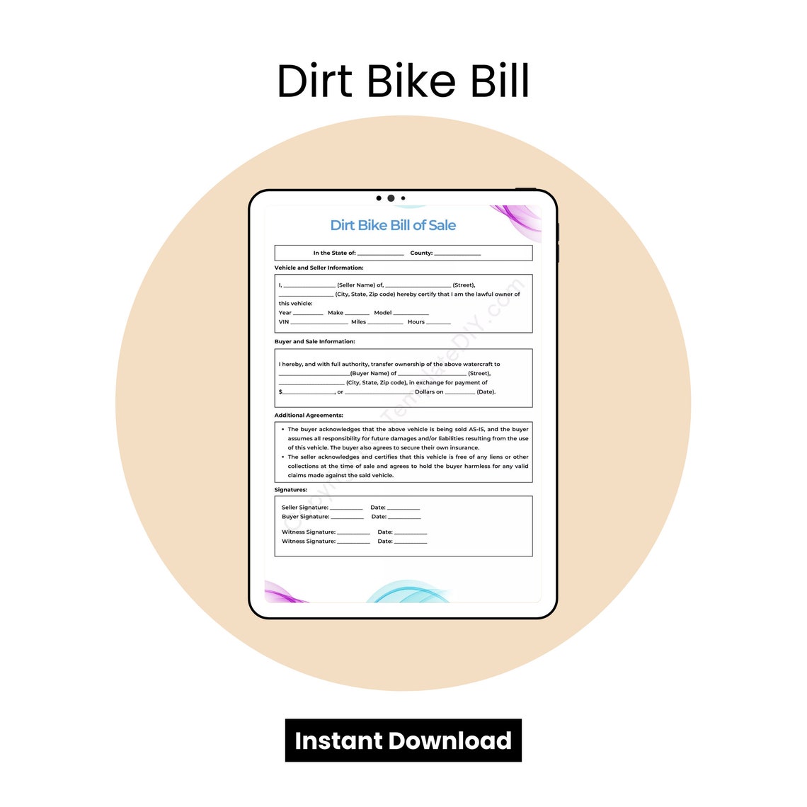 Dirt Bike Bill of Sale Blank Printable Form Template in PDF & Etsy Dirt Bike Bill of Sale Blank Printable Form Template in PDF & Etsy