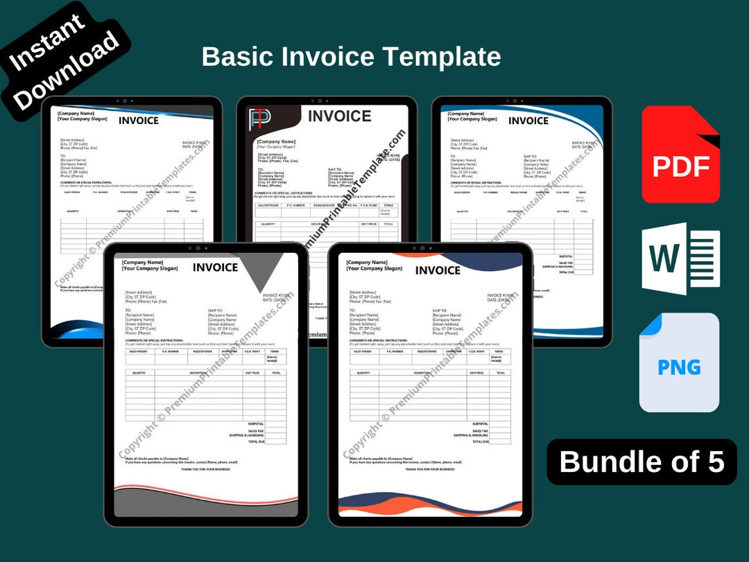 Basic Invoice Template pack of 5 - Etsy