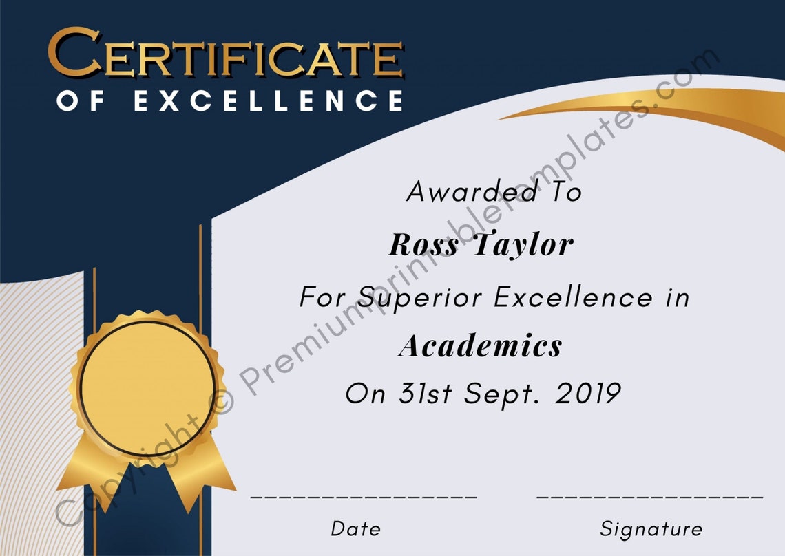 Printable Certificate of Excellence PDF & Editable pack of Etsy